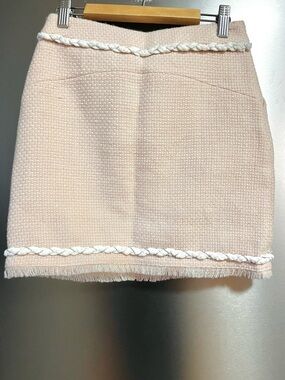NWT Skirt Wool Tweed Mini Skirt Tassels Pink Peach S Textured Braided Trim